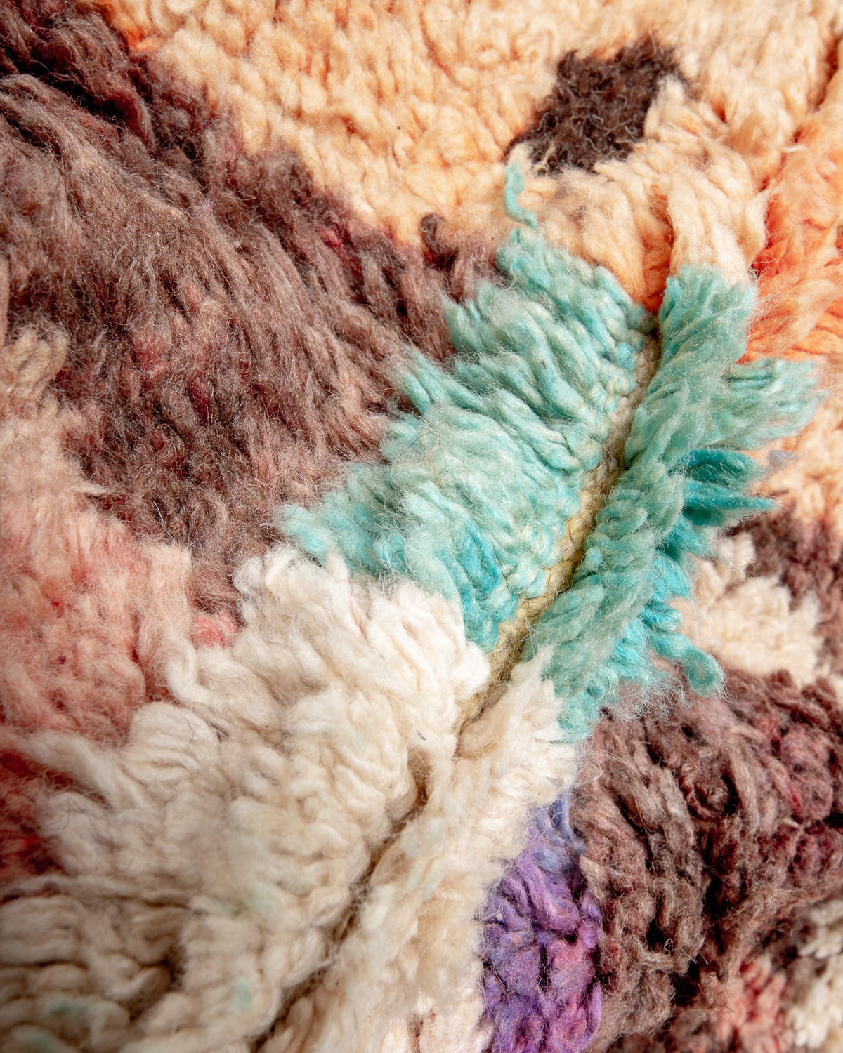 Modern, designer, handcrafted Berber rug from Morocco. Vintage carpet with beautiful colours and patterns and fluffy texture.
